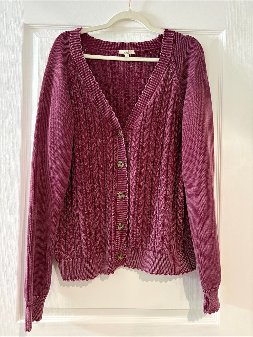 easel Cable-Knit Button Cardigan - Berry Plum